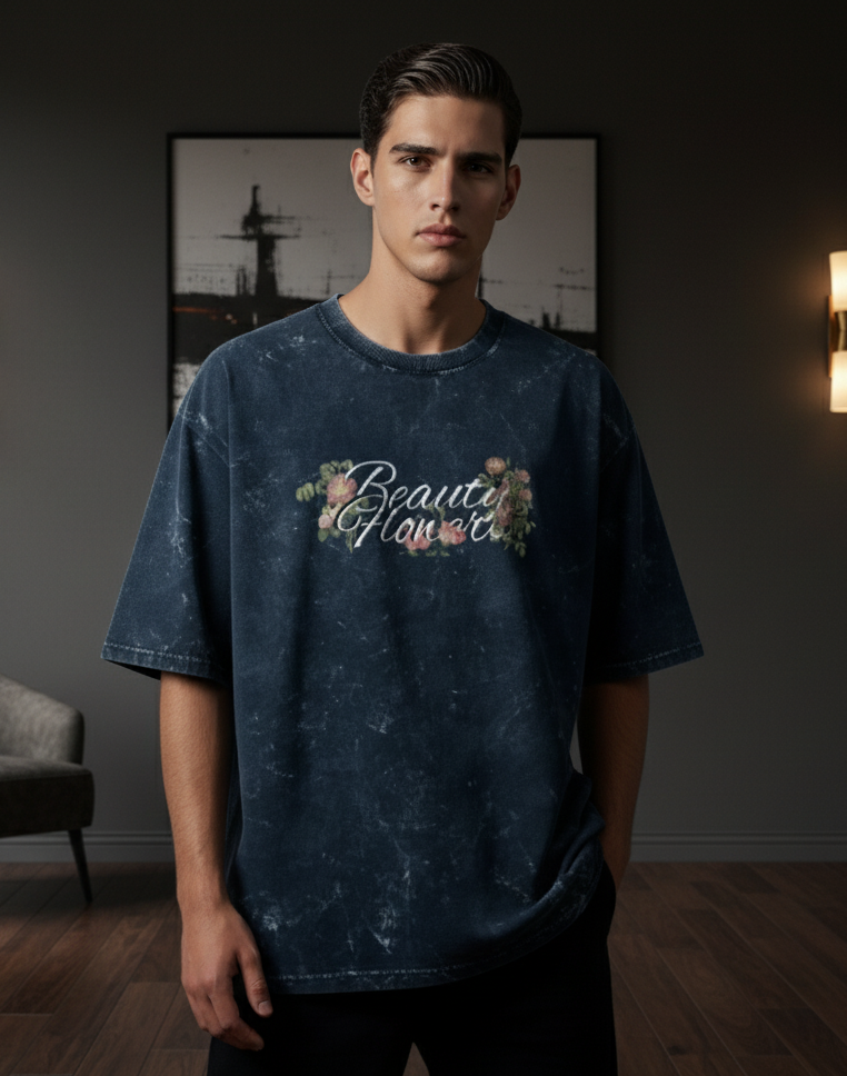 FLOWERED ACID WASH TEE